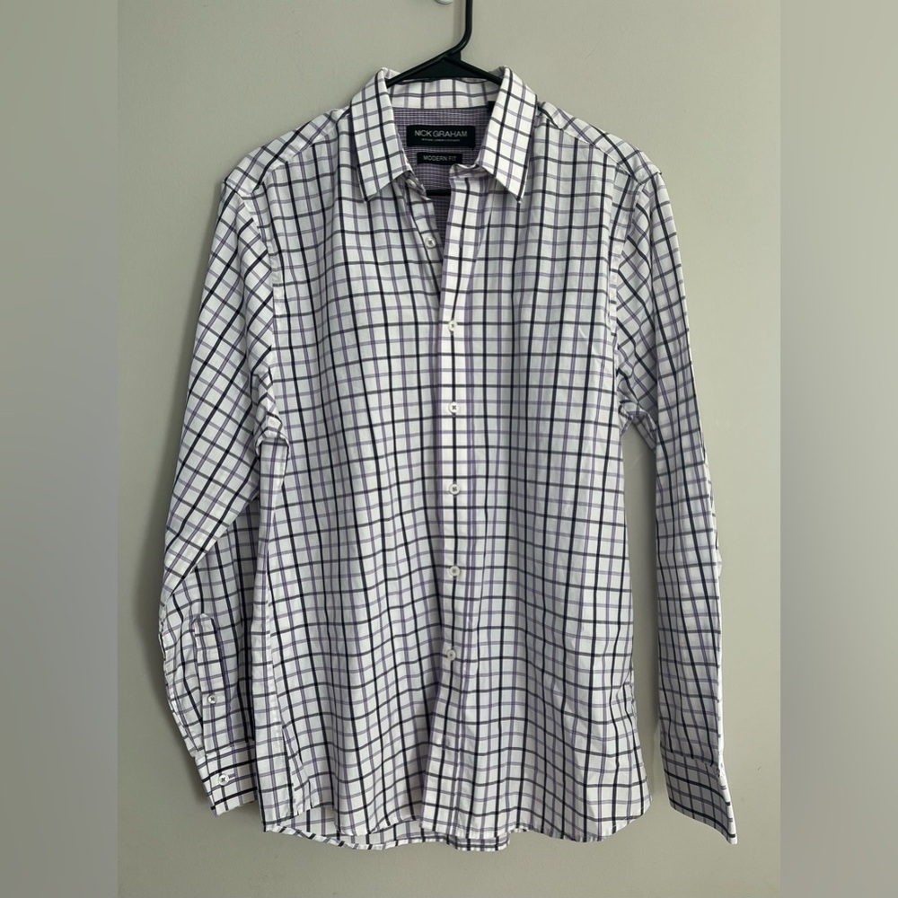 Nick Graham Everywhere Shirt Mens Small White Purple‎ Plaid Modern Fit